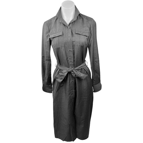 Paul Stuart Gray Collared Long Sleeve Tie Waist Calf Length Shirt Dress Size 4 - Picture 1 of 5